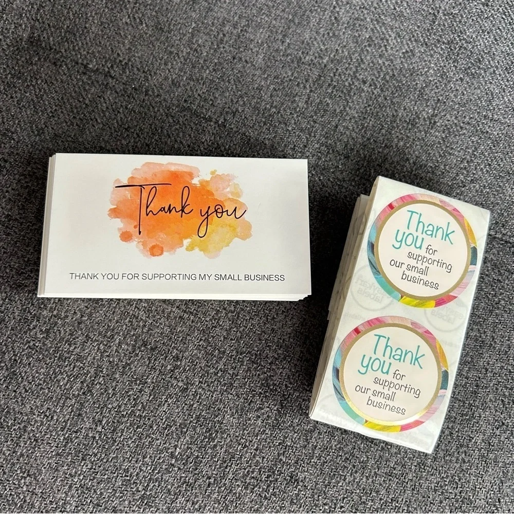 25 THANK YOU Business Cards + 25 Stickers, Starter Set, Watercolor, ORANGE
